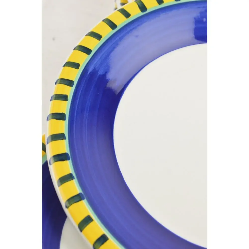 Pier 1 Italy Hand Painted Dinner Plates Set x7 Cobal Blue Yellow Striped 9 5/8